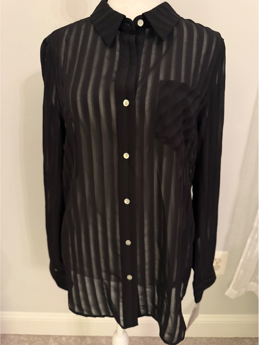 Nanette Lepore Black Sheer Striped Button Down Blouse Size Medium NWT